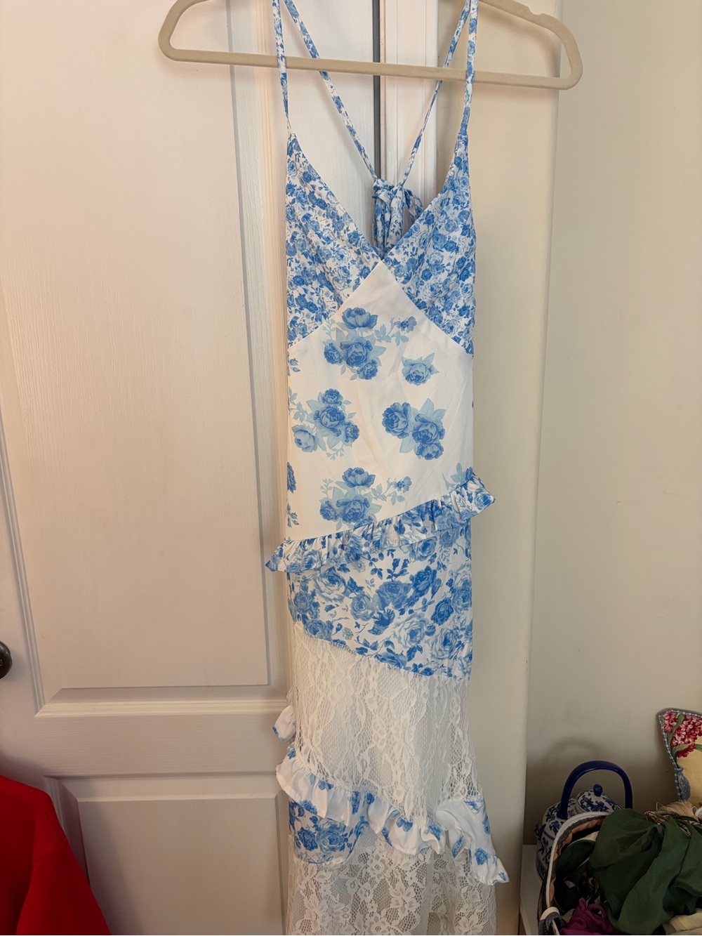 Boutique Blue and White Floral Lace Midi Dress - Women's